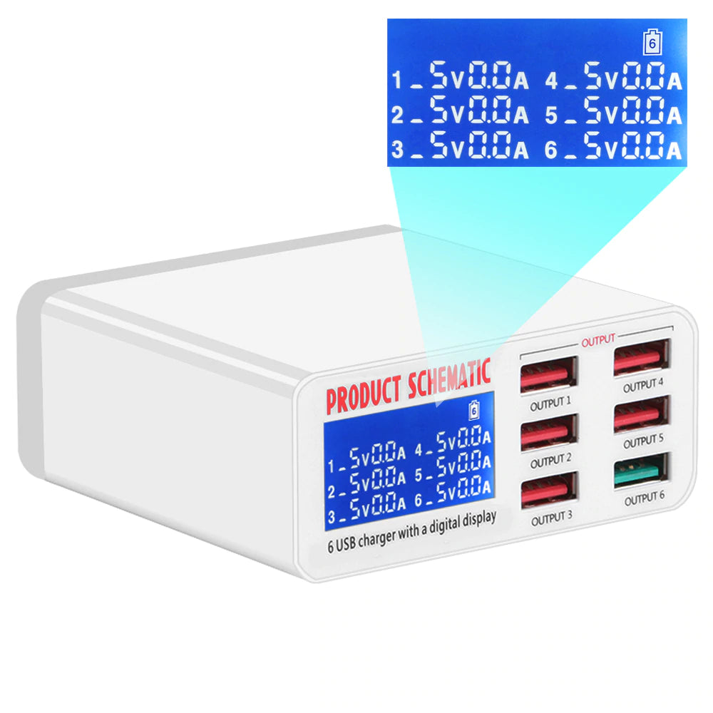 Fast Charge 6 USB Charger HUB with Smart LED Display