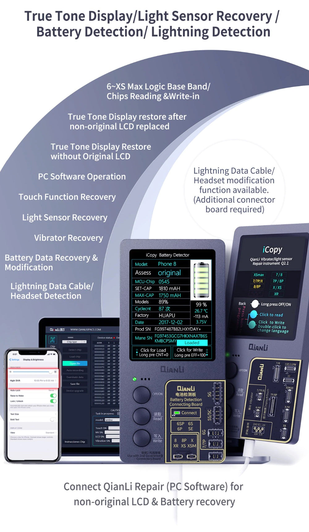 Qianli iCopy Plus 2.2v with Battery Testing LCD Vibrator Transfer EEPROM Programmer With 3 Boards