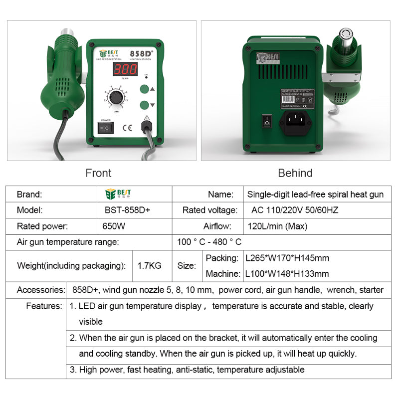 BST-858D+ High Quality Soldering Desoldering Hot Air Gun Rework Station For Mobile Repair 110V